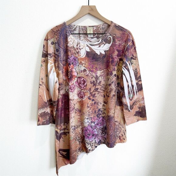 Jess & Jane Top Womens XL Beige Floral‎ Colorful Artsy Boho Asymmetric Comfy USA - Picture 1 of 15
